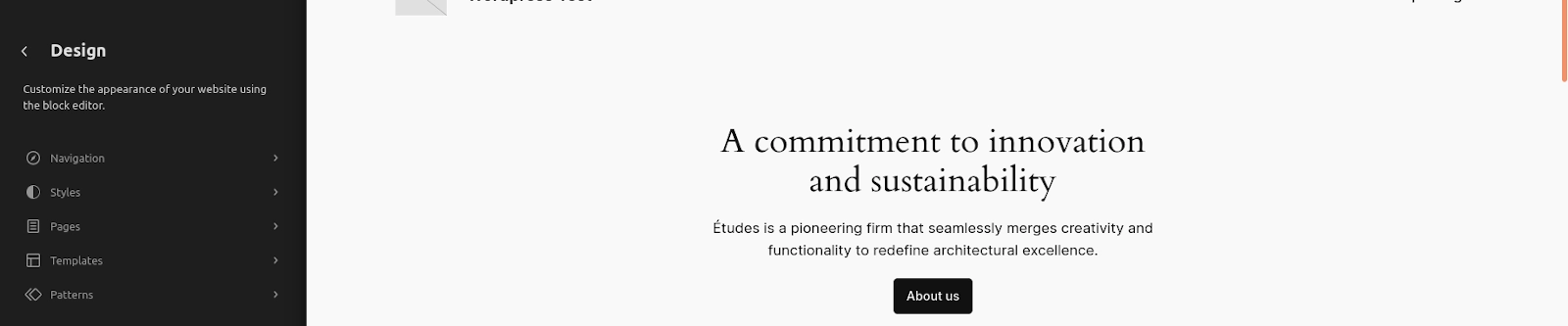Options available for a WordPress full site editing Theme Editor