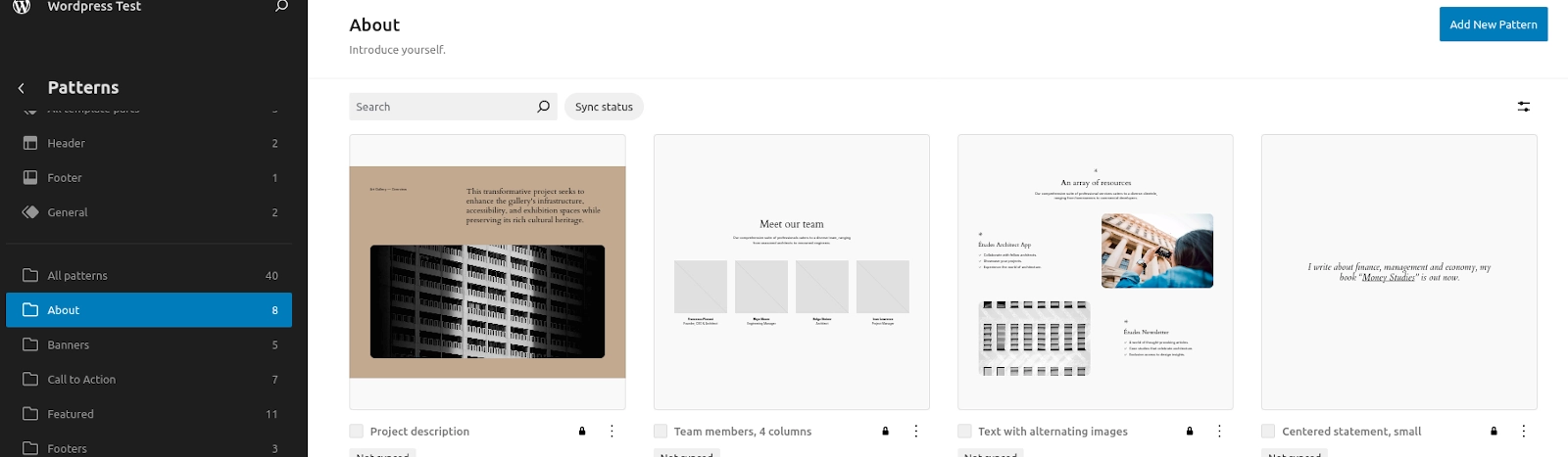 Wordpess FSE Patterns management interface
