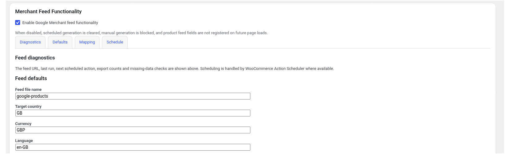 Woocomerce Google Merchant feed generator screenshot - Feed Defaults
