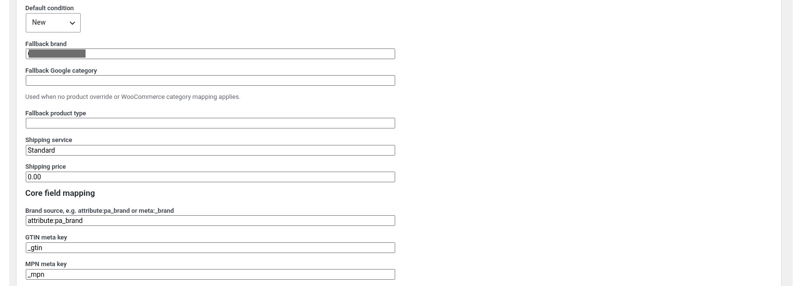 Woocomerce Google Merchant feed generator screenshot - Fall back settings and core mappings