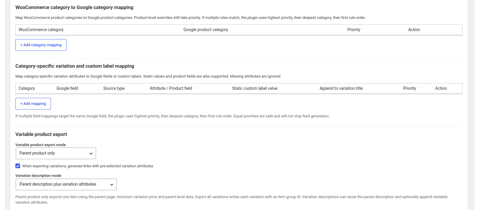 Woocomerce Google Merchant feed generator screenshot - google feed and google category mappings