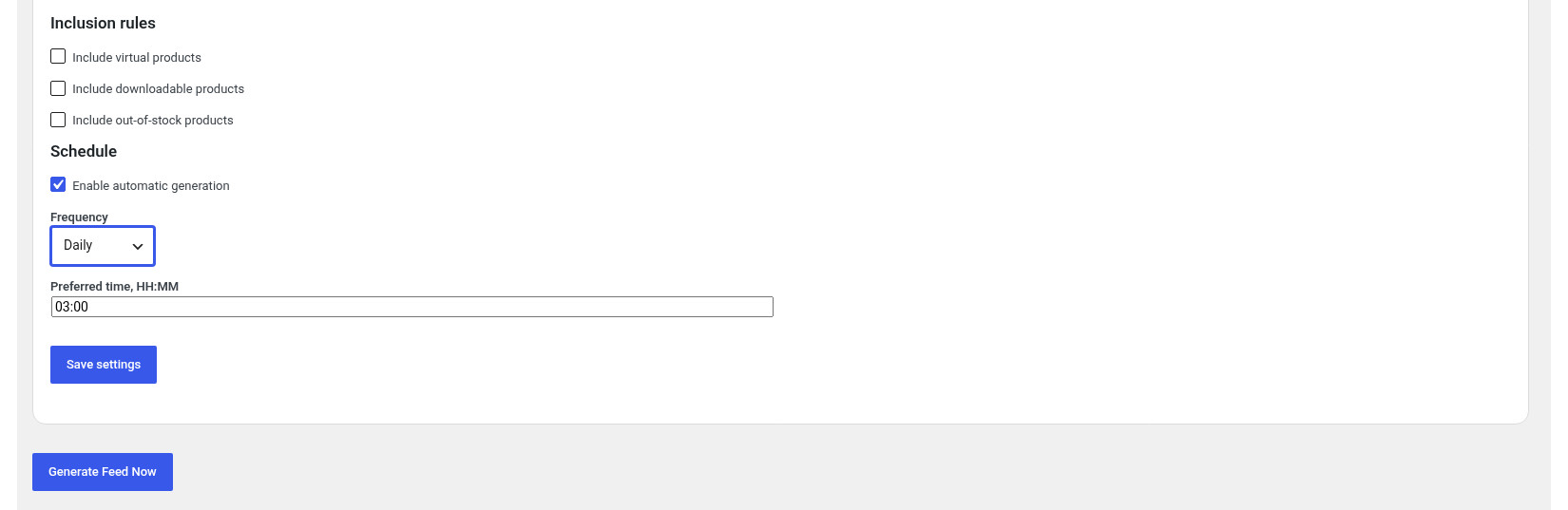 Woocomerce Google Merchant feed generator screenshot - scheduling