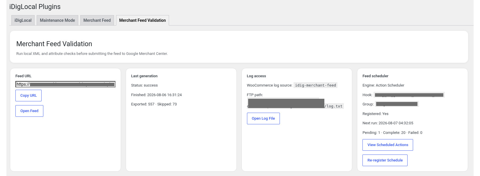 Woocomerce Google Merchant feed generator screenshot - diagnostics overview