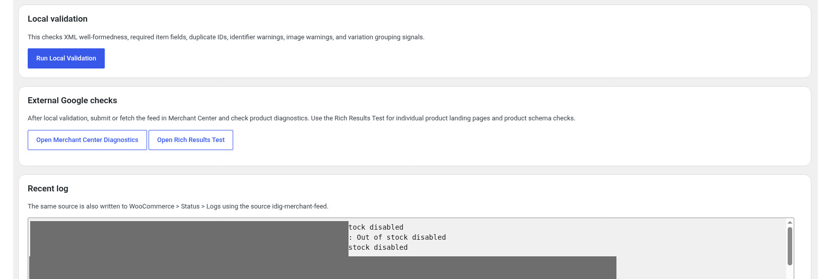 Woocomerce Google Merchant feed generator screenshot - validation and log
