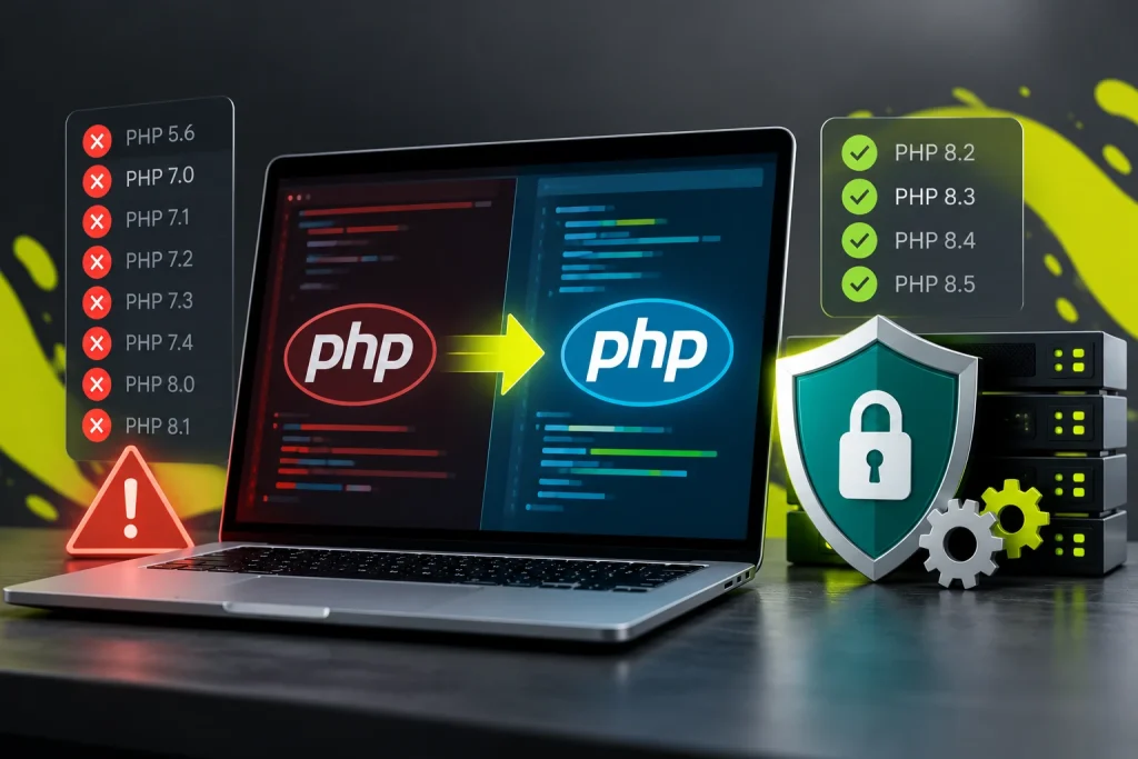 Unsupported PHP versions and website security risks illustrated by a PHP upgrade and security graphic.